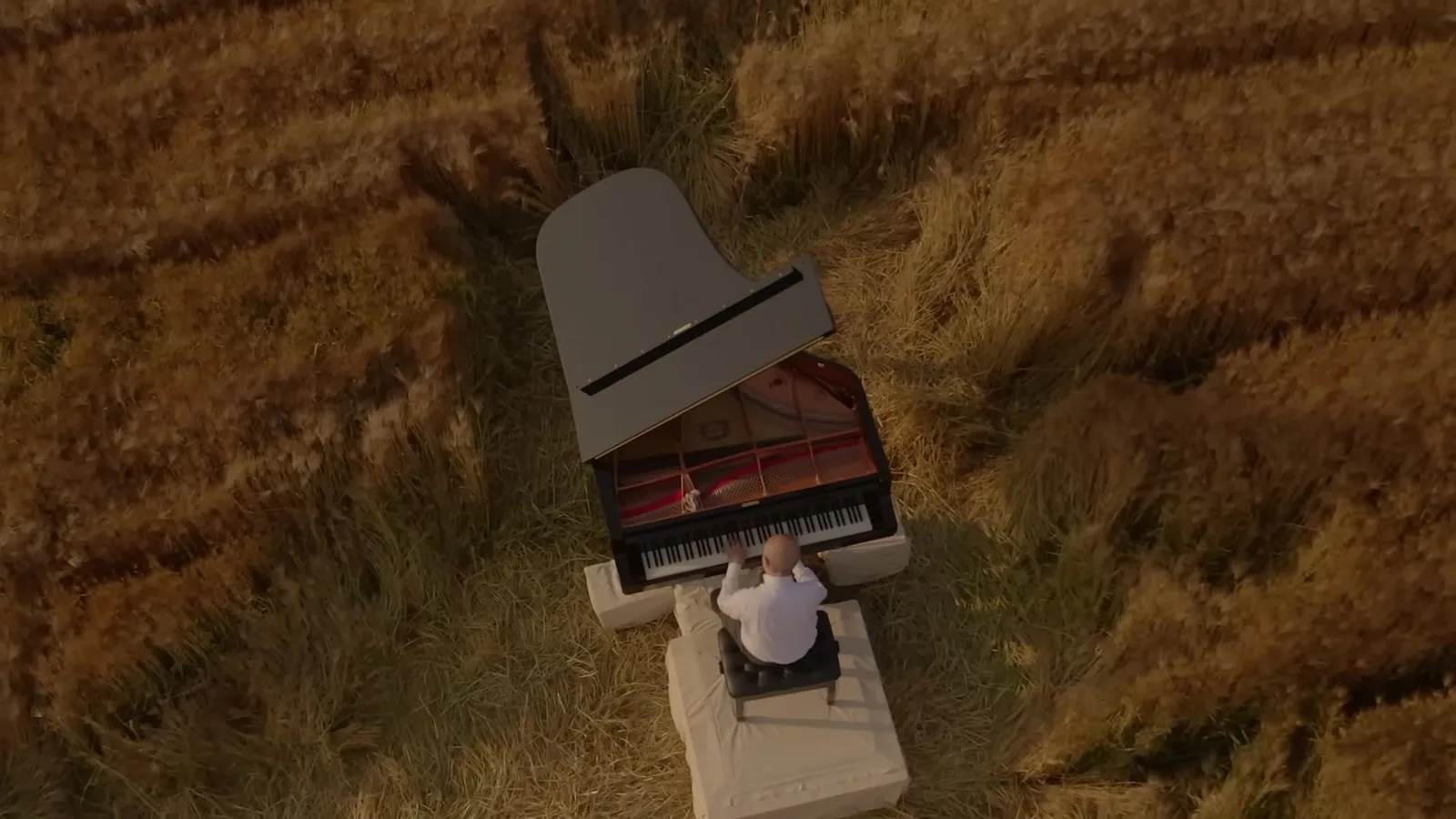 Aerial view of the grand piano alone in a harvested field in the Gimje countryside